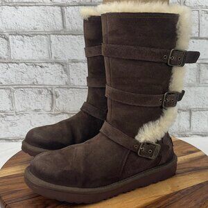 UGG Maddi II Girls Sz. 5 Womens 7 Brown Suede Triple Strap Zip Shearling Winter